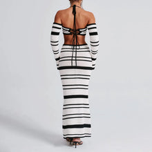 Load image into Gallery viewer, hirigin Knit Stripe Women 2 Piece Set Halter Slash Neck Lace Up Long Sleeve Tops and Maxi Skirts Sexy Mujer Club Midnight Suit
