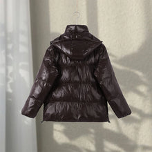 Load image into Gallery viewer, Fashion Shiny Solid Hooded Quilted Jacket Women Stand Collar Long Sleeve Zipper Pocket Street Warm Coat 2026 Winter Lady Outwear
