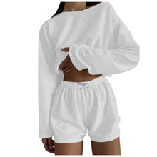 Load image into Gallery viewer, Womens Summer Fashion Casual Two Piece Outfits Casual Shorts Set O Neck Long Sleeve Tops And Shorts Swim Short Suits for Women
