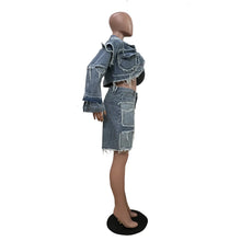 Lade das Bild in den Galerie-Viewer, Shorts Pant Set Women Two Piece Sets Denim Turn Down Collar Matching Sets Tops Knee Length Pants High Waist Y2k Streetwear
