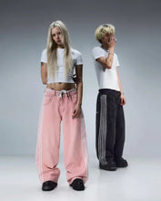 画像をギャラリービューアに読み込む, Y2K Harajuku striped embroidery texture casual jeans for men and women retro hip-hop street loose high-waisted wide-leg pants
