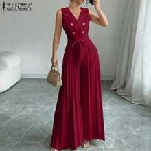 Load image into Gallery viewer, Fashion Women Jumpsuits 2026 ZANZEA Summer Rompers Elegant Wide Leg Work OL Overalls V Neck Sleeveless Pleated Playsuit Trousers
