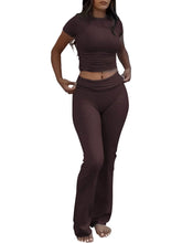 Lade das Bild in den Galerie-Viewer, Casual Workout  Short Sleeve Crop High Waist Foldover Flare Pants Sets
