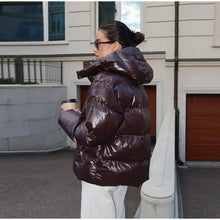 Load image into Gallery viewer, Fashion Shiny Solid Hooded Quilted Jacket Women Stand Collar Long Sleeve Zipper Pocket Street Warm Coat 2026 Winter Lady Outwear
