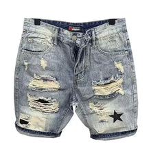 Load image into Gallery viewer, Summer Men's Casual Trendy High Street Hole Patched Denim Shorts Star Printed Knee Length Skinny Jeans Shorts Male Streetwear
