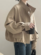 Load image into Gallery viewer, Standing Collar Short Hem Drawstring Trench Coat
