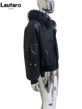 Load image into Gallery viewer, Mauroicardi Autumn Winter Short Oversized Black Warm Pu Leather Jacket Men with Faux Fur Trim Hood Loose Casual Korean Fashion
