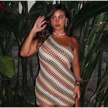 Load image into Gallery viewer, Irregular Printed Knitted Mini Dress For Women Chic Backless Slanted Shoulder Slim Fit Dresses Summer Holiday Beach Robes
