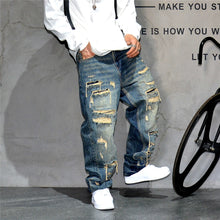 Load image into Gallery viewer, Mens Ripped Baggy Distressed Denim Straight Leg Patchwork Oversized  Jeans
