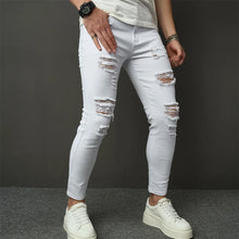 Cargar imagen en el visor de la galería, Pantalones vaqueros ajustados elásticos de estilo sencillo para hombre, pantalones vaqueros ajustados con agujeros, desgastados y lisos
