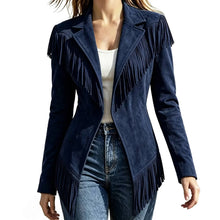 Load image into Gallery viewer, Women Faux Suede Fringe Slim Fit Turn Down Collar Long Sleeve Jacket
