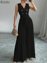 Load image into Gallery viewer, Fashion Women Jumpsuits 2026 ZANZEA Summer Rompers Elegant Wide Leg Work OL Overalls V Neck Sleeveless Pleated Playsuit Trousers
