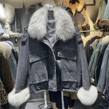 画像をギャラリービューアに読み込む, Fox Fur Denim Fleece-Lined and Batwing Sleeve Cotton Coat
