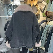 画像をギャラリービューアに読み込む, Fox Fur Denim Fleece-Lined and Batwing Sleeve Cotton Coat
