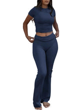 Lade das Bild in den Galerie-Viewer, Casual Workout  Short Sleeve Crop High Waist Foldover Flare Pants Sets
