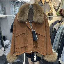 画像をギャラリービューアに読み込む, Fox Fur Denim Fleece-Lined and Batwing Sleeve Cotton Coat
