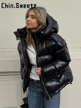Load image into Gallery viewer, Fashion Shiny Solid Hooded Quilted Jacket Women Stand Collar Long Sleeve Zipper Pocket Street Warm Coat 2026 Winter Lady Outwear

