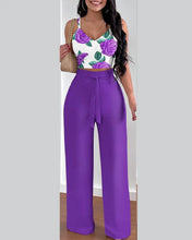 Cargar imagen en el visor de la galería, 2 Piece  V-Neck Strap Shirred Slim Crop Top &amp; Lace-up Wide Leg Pants Sets
