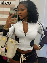 Cargar imagen en el visor de la galería, Kliou Panelled  Long Sleeve Zip-up Crop 2 Piece Set
