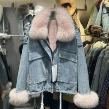 画像をギャラリービューアに読み込む, Fox Fur Denim Fleece-Lined and Batwing Sleeve Cotton Coat
