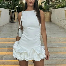 Load image into Gallery viewer, Sexy Women Mini Dress Green Bule Pink Black White O Neck Ruffle Design Sexy Bodycon Dress Women Sleeveless Party Dress
