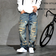 Load image into Gallery viewer, Mens Ripped Baggy Distressed Denim Straight Leg Patchwork Oversized  Jeans
