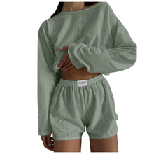 Load image into Gallery viewer, Womens Summer Fashion Casual Two Piece Outfits Casual Shorts Set O Neck Long Sleeve Tops And Shorts Swim Short Suits for Women
