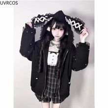 Load image into Gallery viewer, Japanese Gothic Style Y2k Lace Bunny Hooded Coat Women Sweet Pearl Gauze Patchwork Jackets Oversized Harajuku Kawaii Zipper Top
