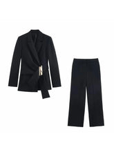 Load image into Gallery viewer, Women Suit Pants Two-Piece Set Buckle Decoration Long Sleeve Blazer Coat + Straight-Leg Pants 2 Pieces Sets Chic Woman Outfits
