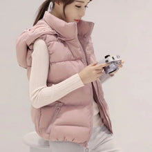 Load image into Gallery viewer, Women's Short Padded Quilted Vest Warm Slimming Detachable Cap Jacket.
