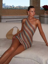 Load image into Gallery viewer, Irregular Printed Knitted Mini Dress For Women Chic Backless Slanted Shoulder Slim Fit Dresses Summer Holiday Beach Robes
