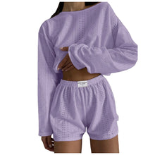 Load image into Gallery viewer, Womens Summer Fashion Casual Two Piece Outfits Casual Shorts Set O Neck Long Sleeve Tops And Shorts Swim Short Suits for Women
