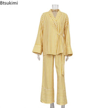 Load image into Gallery viewer, Women's Two-piece Set  Autumn New Striped Long-sleeved Loose Lace-up Top High-waisted Trousers Fashion Casual Suit for Women
