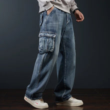 Load image into Gallery viewer, Multi-pocket denim  loose  cargo men wide leg jeans
