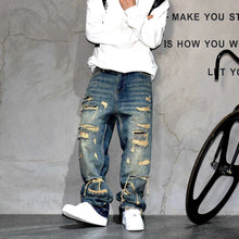 Load image into Gallery viewer, Mens Ripped Baggy Distressed Denim Straight Leg Patchwork Oversized  Jeans
