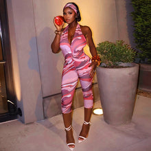 Load image into Gallery viewer, Two piece set of tight fitting seven part jumpsuit with deep V-neck print and headband
