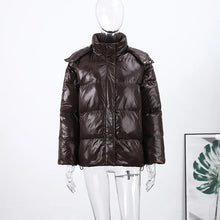 Load image into Gallery viewer, Fashion Shiny Solid Hooded Quilted Jacket Women Stand Collar Long Sleeve Zipper Pocket Street Warm Coat 2026 Winter Lady Outwear
