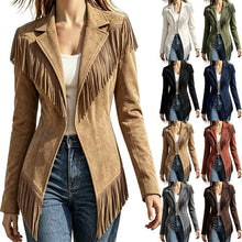 Load image into Gallery viewer, Women Faux Suede Fringe Slim Fit Turn Down Collar Long Sleeve Jacket

