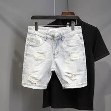 Load image into Gallery viewer, Summer Old Light White Cat Whisker Ripped Denim Four-and-five Pants Men's Slim-fitting Small Feet Versatile Trend Short Pants
