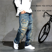 Load image into Gallery viewer, Mens Ripped Baggy Distressed Denim Straight Leg Patchwork Oversized  Jeans
