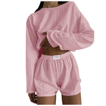Load image into Gallery viewer, Womens Summer Fashion Casual Two Piece Outfits Casual Shorts Set O Neck Long Sleeve Tops And Shorts Swim Short Suits for Women
