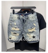 Load image into Gallery viewer, Summer Men's Casual Trendy High Street Hole Patched Denim Shorts Star Printed Knee Length Skinny Jeans Shorts Male Streetwear
