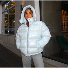 Load image into Gallery viewer, Fashion Shiny Solid Hooded Quilted Jacket Women Stand Collar Long Sleeve Zipper Pocket Street Warm Coat 2026 Winter Lady Outwear
