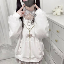 Load image into Gallery viewer, Japanese Gothic Style Y2k Lace Bunny Hooded Coat Women Sweet Pearl Gauze Patchwork Jackets Oversized Harajuku Kawaii Zipper Top
