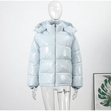 Load image into Gallery viewer, Fashion Shiny Solid Hooded Quilted Jacket Women Stand Collar Long Sleeve Zipper Pocket Street Warm Coat 2026 Winter Lady Outwear
