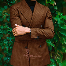 Load image into Gallery viewer, Men Blue Striped Peak Lapel Double Breasted Jacket Pants
