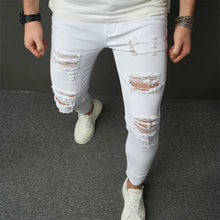 Cargar imagen en el visor de la galería, Pantalones vaqueros ajustados elásticos de estilo sencillo para hombre, pantalones vaqueros ajustados con agujeros, desgastados y lisos
