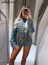 Load image into Gallery viewer, Y2K Style Denim Jacket Shorts Set Women's Stand Collar Button Long Sleeve Coats Low Waist Mini Short 2026 Summer New Lady Outfit
