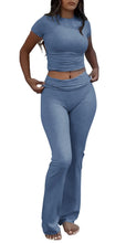 Lade das Bild in den Galerie-Viewer, Casual Workout  Short Sleeve Crop High Waist Foldover Flare Pants Sets
