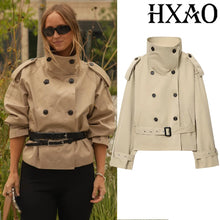 Load image into Gallery viewer, HXAO Women's Belt Trench Coat Demi-Season News And Jackets Double Breasted Cropped Windbreaker Coat Long Sleeve Female Trenches
